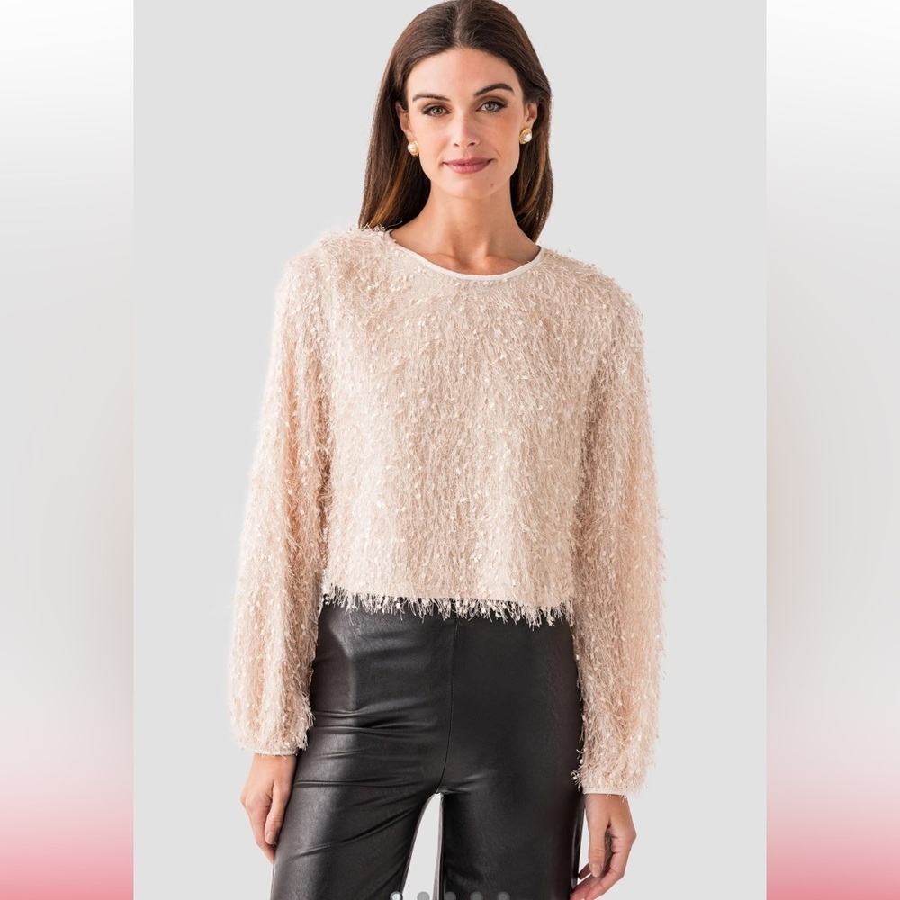En Creme Fringe crop Top Size Large In Cream Long Sleeve Whimsy Date Night